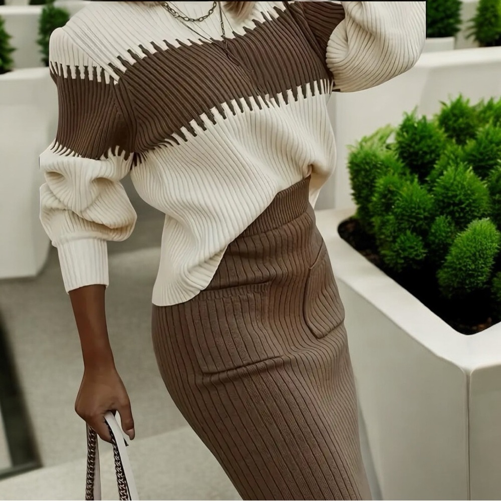 Sexy Brown & Cream Ribbed Sweater & Skirt Set, Pockets & Slits - Picture 3 of 6